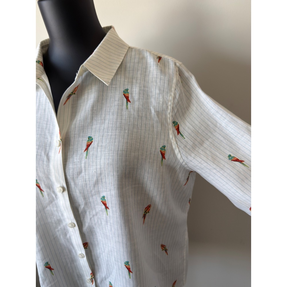 Chicos No Iron Linen Shirt Womens 2 (L) White Blue Pinstripe Parrot Embroidery - Picture 5 of 14
